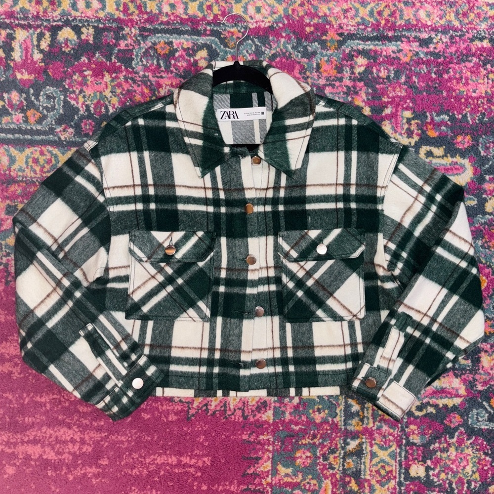 Zara Green Plaid Wool Blend Crop Jacket